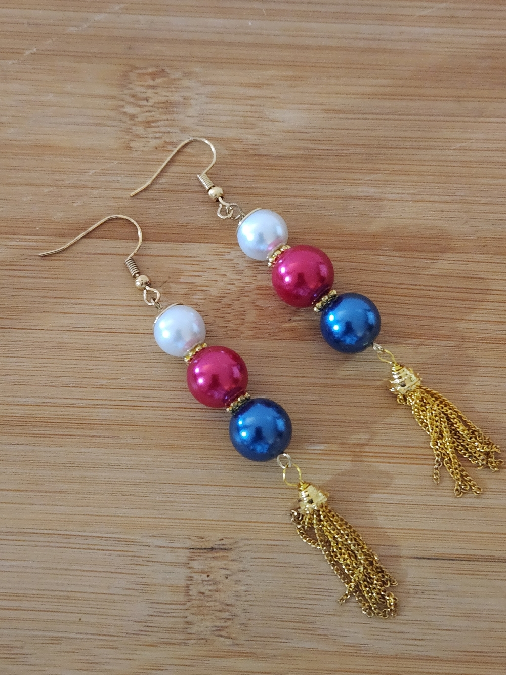 Hand Crafted Blue Red White Pearl Drop Earrings with Gold Tassels
